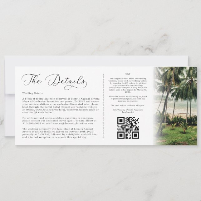 Custom Tropical Destination Boarding Pass Wedding Invitation (Back)