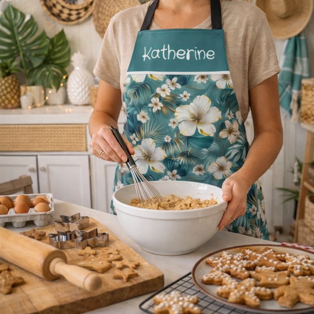 Custom Tropical Hibiscus Floral Teal Apron (Creator Uploaded)