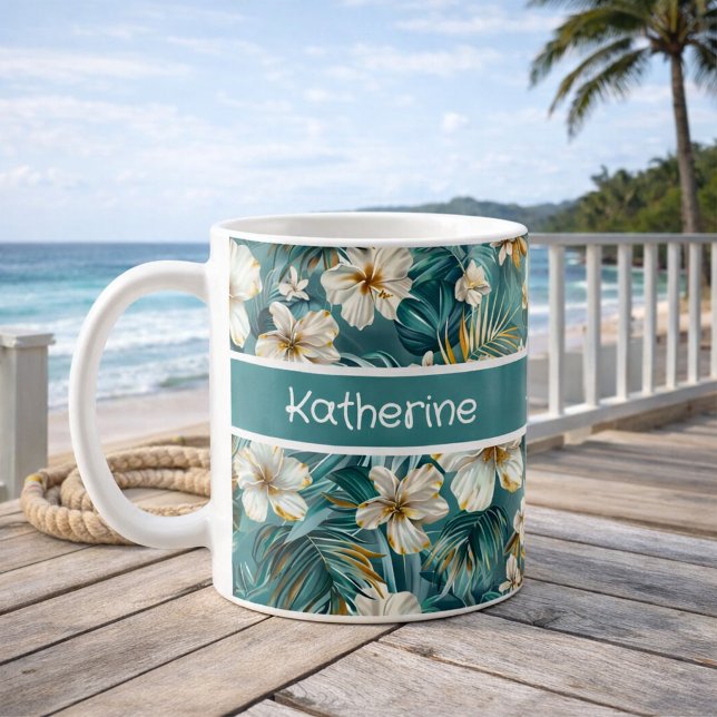 Custom Tropical Hibiscus Floral Teal Coffee Mug (Creator Uploaded)