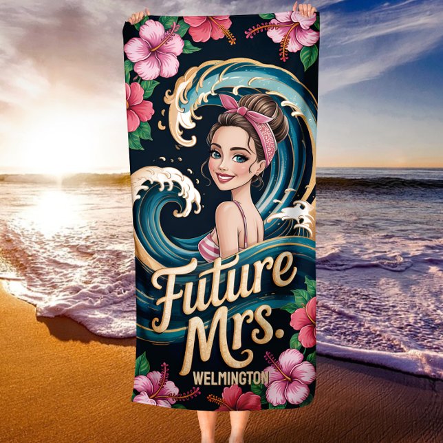 Custom Tropical Hibiscus Ocean Wave Future Mrs Beach Towel (Creator Uploaded)