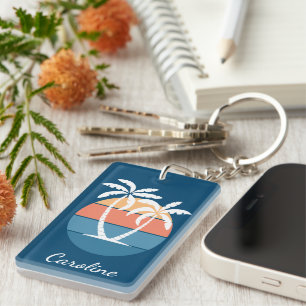 Custom Tropical Island Beach Ocean Sunset Art Key Ring