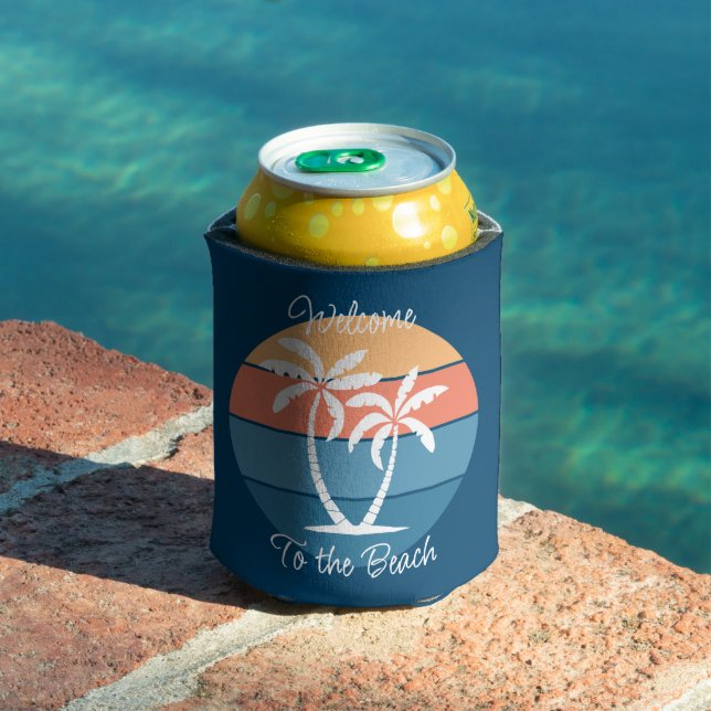 Custom Tropical Island Beach Seashore Ocean Sunset Can Cooler (In Situ Pool)