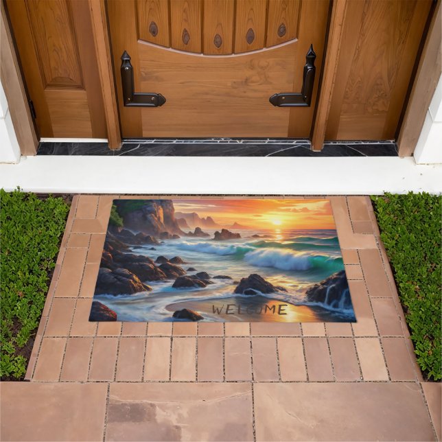 Custom Tropical Sunset Cliffs – Vibrant Coastal  Doormat (Outdoor)