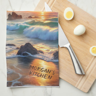 Custom Tropical Sunset Cliffs – Vibrant Coastal  Tea Towel