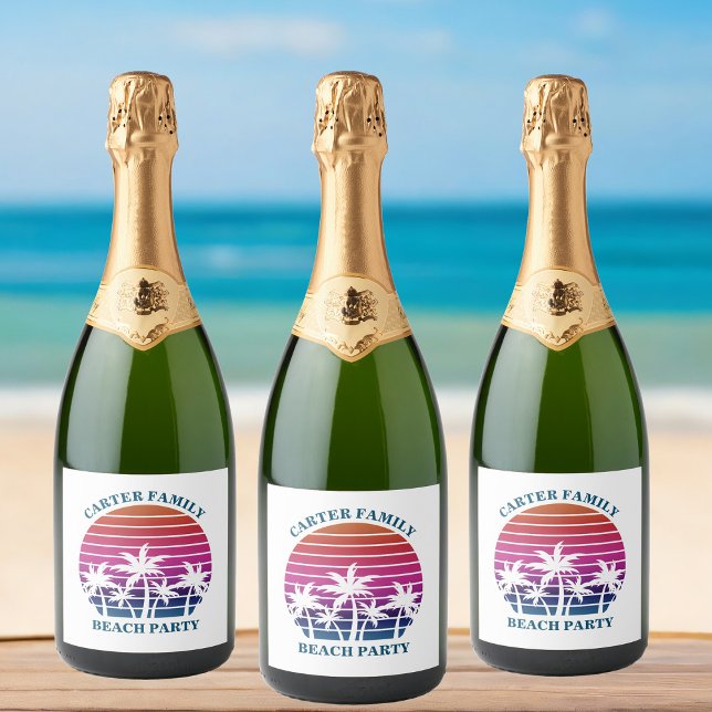 Custom Tropical Sunset Pink Palm Tree Beach Party Sparkling Wine Label (Creator Uploaded)