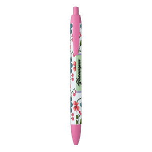 Custom Tropical Turtle Cherry Floral Pattern  Black Ink Pen