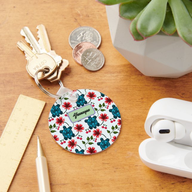 Custom Tropical Turtle Cherry Floral Pattern  Key Ring (Desk)