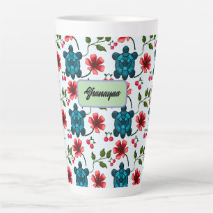 Custom Tropical Turtle Cherry Floral Pattern Latte Mug