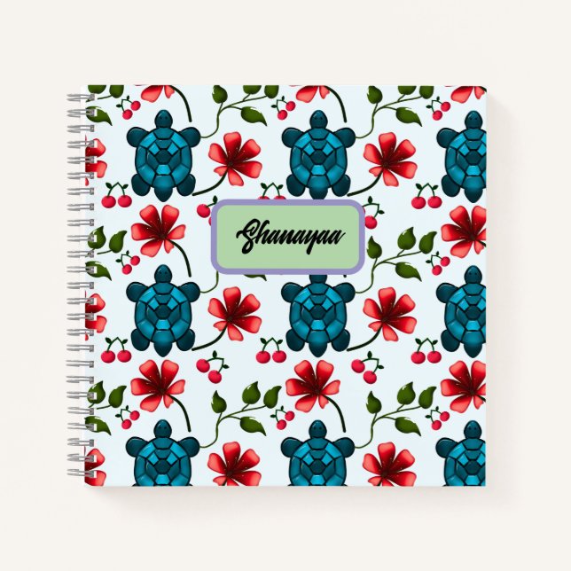 Custom Tropical Turtle Cherry Floral Pattern  Notebook (Front)