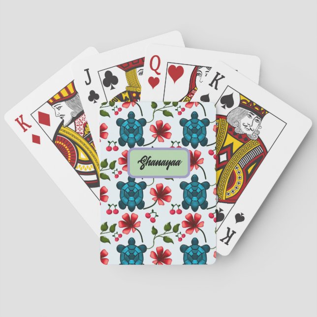Custom Tropical Turtle Cherry Floral Pattern  Playing Cards (Back)