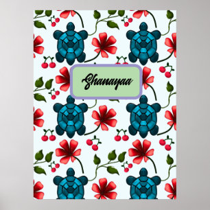 Custom Tropical Turtle Cherry Floral Pattern Poster