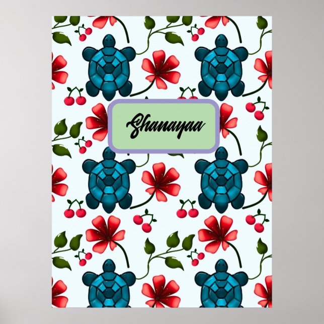 Custom Tropical Turtle Cherry Floral Pattern  Poster (Front)