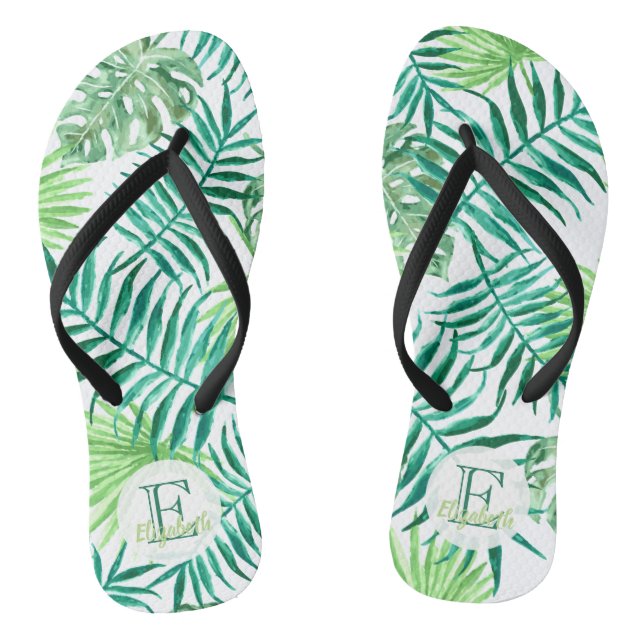 Custom, turquoise and green tropical palm leaves: jandals (Footbed)