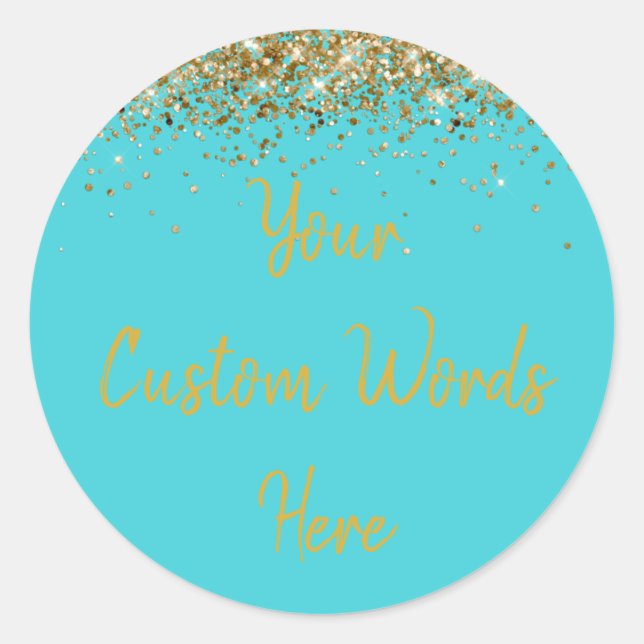 Custom Turquoise Blue & Gold Birthday Party Favour Classic Round Sticker (Front)