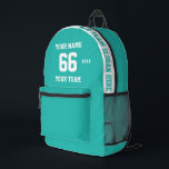 Custom turquoise blue Name, Number, Team Sport Printed Backpack<br><div class="desc">Create your own custom turquoise light blue Sport Football Style Printed Backpack with Name, Number, Team Name, Slogan and Year. Personalise this simple classic Printed Backpack template with your custom message, name, team name and year. Easily personalise it for a cool sport keepsake. Create your unique personalised gift for coach,...</div>
