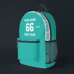 Custom turquoise blue Name, Number, Team Sport Printed Backpack<br><div class="desc">Create your own custom turquoise light blue Sport Football Style Printed Backpack with Name, Number, Team Name, Slogan and Year. Personalise this simple classic Printed Backpack template with your custom message, name, team name and year. Easily personalise it for a cool sport keepsake. Create your unique personalised gift for coach,...</div>