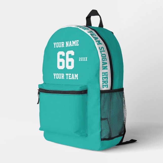 Custom turquoise blue Name, Number, Team Sport Printed Backpack (Back Corner Right)