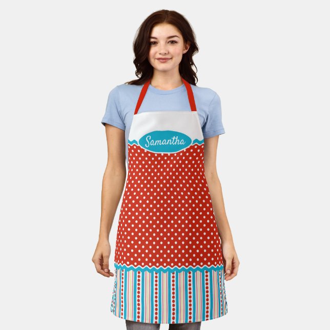 Custom Turquoise Blue Stripes Red White Polkadots Apron (Worn)