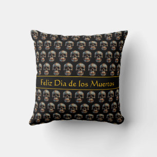 Custom Turquoise Gold Día de los Muertos Skull Cushion