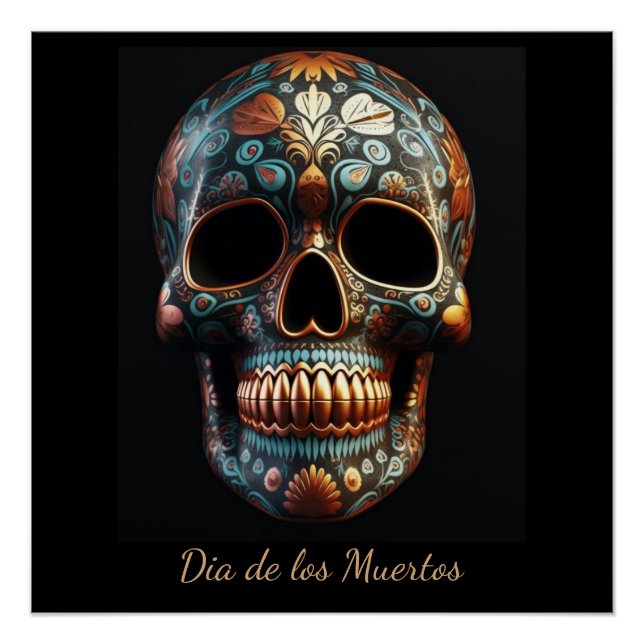 Custom Turquoise Gold Día de los Muertos Skull Poster (Front)