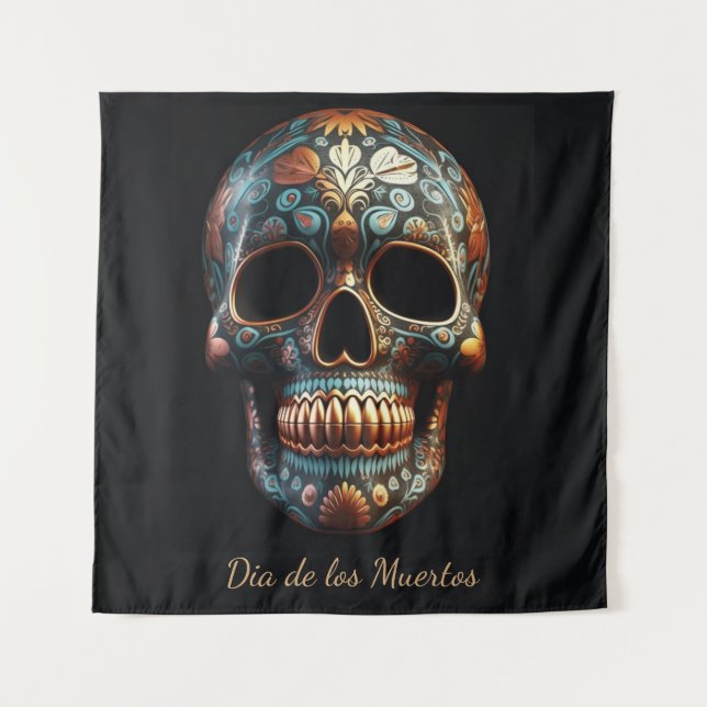 Custom Turquoise Gold Día de los Muertos Skull Tapestry (Front)