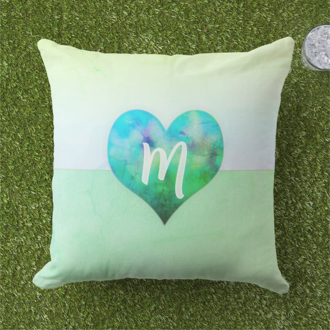 Custom Turquoise Heart Modern Coastal Monogram Cushion (Grass)