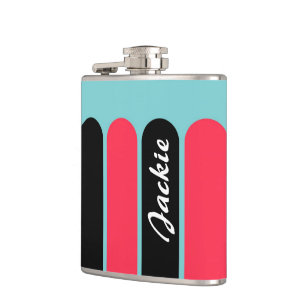 Custom Turquoise Red and Black Stripes Hip Flask