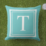 Custom Turquoise Square Monogram Initial Letter Cushion<br><div class="desc">Stylish outdoor accent pillow features a serif monogram letter that you can personalise with your first or last name initial,  framed by a simple double square frame in white colour with turquoise blue background colour. You may customise the background colour to coordinate with your home decor.</div>