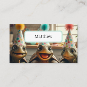 Custom turtles with birthday cake and hats place card