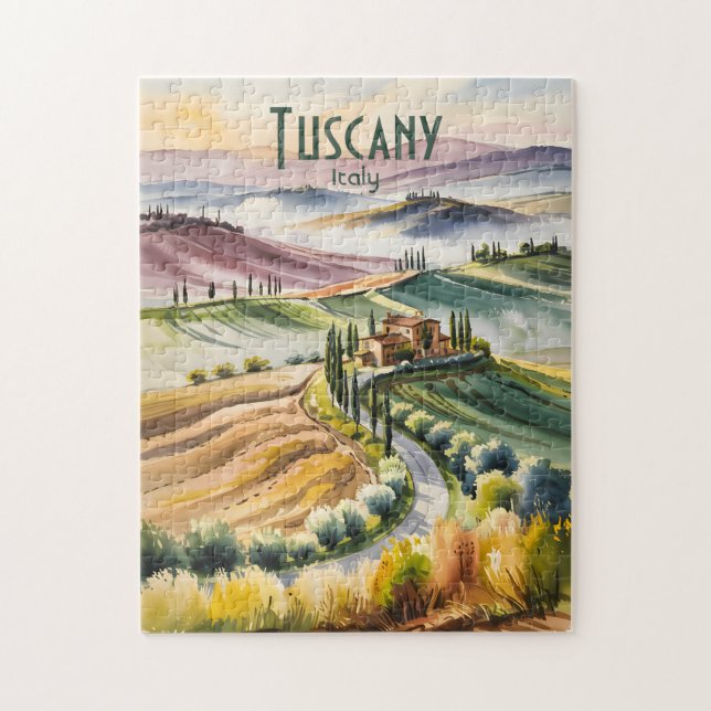 Custom Tuscany Watercolor Rolling Hills Landscape Jigsaw Puzzle (Vertical)