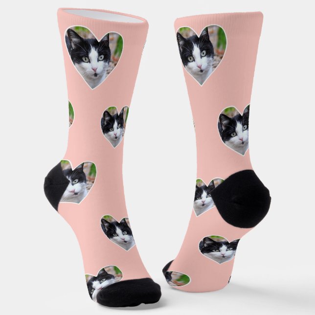 Custom Tuxedo Cat Photo on Light Pink Socks (Angled)