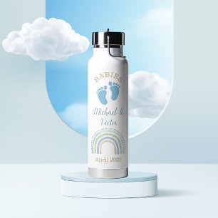 Custom Twin Boys Rainbow Footprints Water Bottle