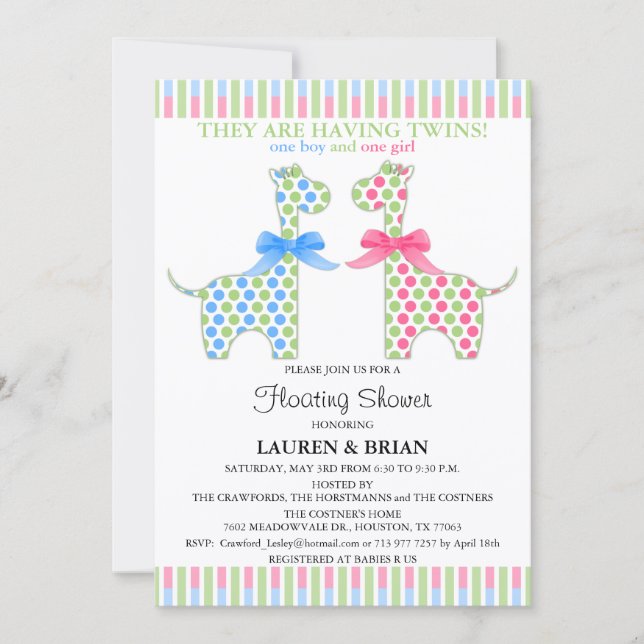 Custom Twin Giraffe Floating Baby Shower Invitation (Front)