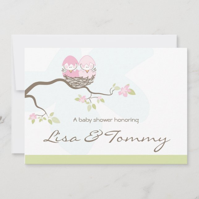 Custom - Twin Pink Baby Birds Invitation (Front)