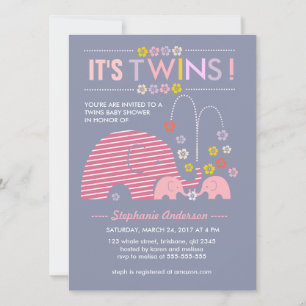 Custom twins baby elephant and flower shower invitation