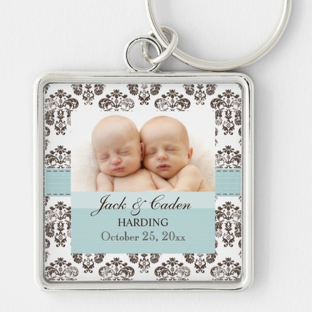 Custom Twins Damask Photo Keychain Blue and Brown (Front)