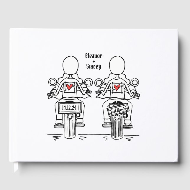 Custom Two Brides Biker Motorcycle Evening Wedding Guest Book (Front)