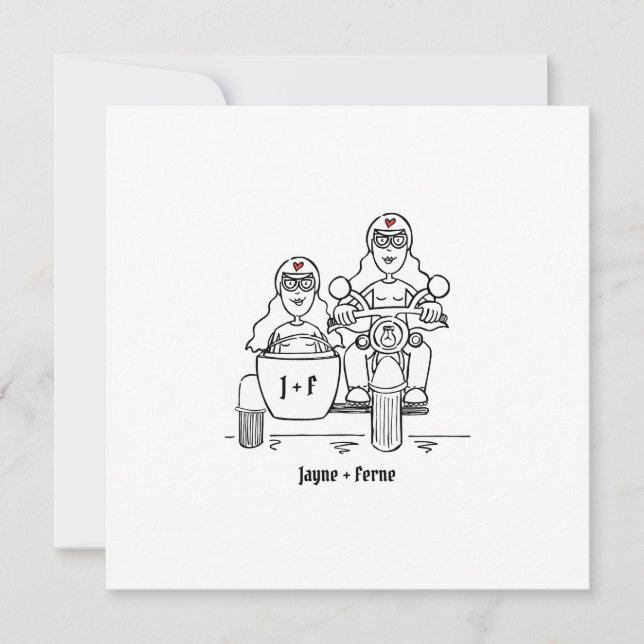 Custom Two Brides Motorbike and Sidecar Evening Invitation (Front)