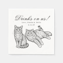 Custom Two Cats Bird Drawing Drinks On Us Art