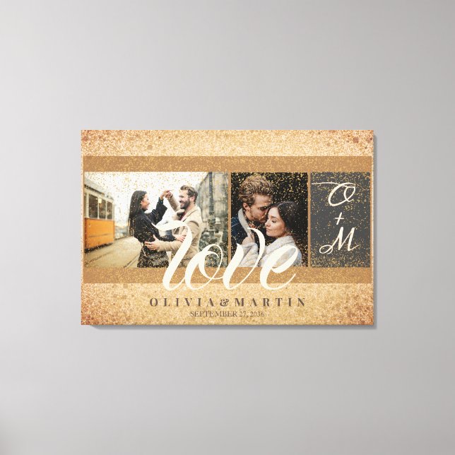 Custom Two Couple Photos Gold Glitter Monogrammed Canvas Print (Front)
