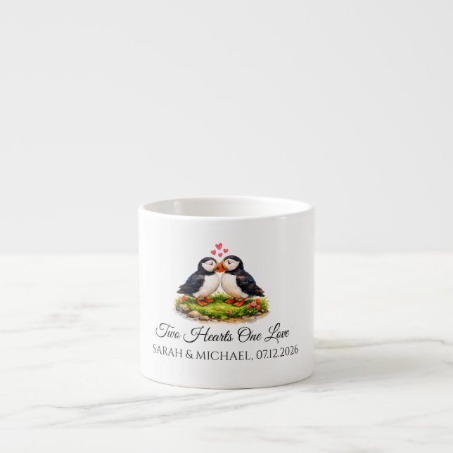 Custom Two Hearts One Love Puffins Wedding  Espresso Cup (Front)