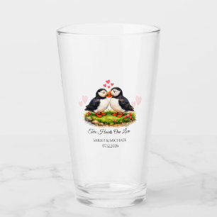 Custom Two Hearts One Love Puffins Wedding Glass