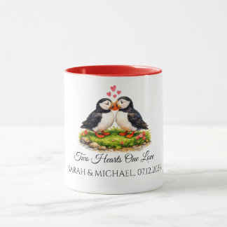 Custom Two Hearts One Love Puffins Wedding Mug