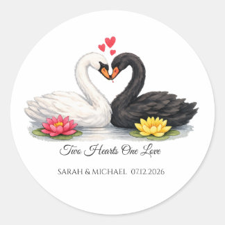 Custom Two Hearts One Love Swans Wedding Sticker