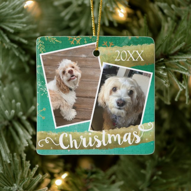 Custom Two Photo Christmas Ceramic Ornament (Tree)