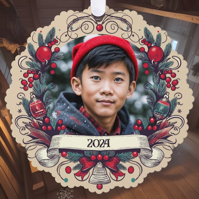 Custom Two Photo Festive Christmas Wreath Holiday Tree Decoration Card (Photo Christmas card ornament with your favorite portraits in a nostalgic wreath & custom year)