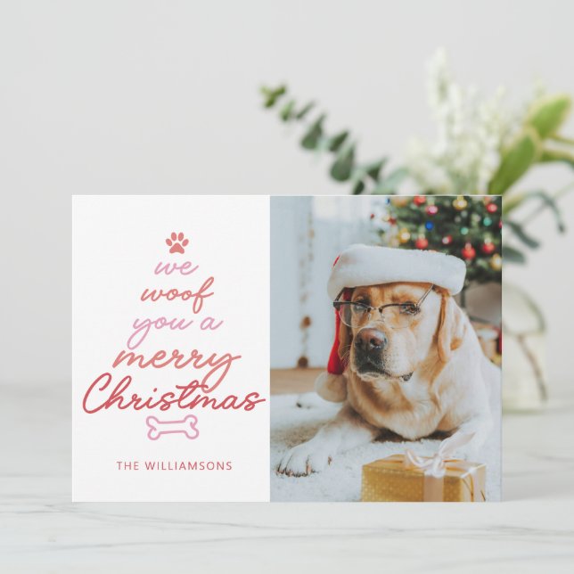 Custom Two Photo Funny Pet Dog Woof Christmas Fun Holiday Card (Standing Front)