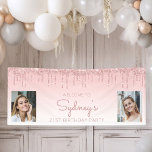 Custom Two Photo Pink Glitter Drip 21st Birthday Banner<br><div class="desc">Welcome guests with this chic, glamourous 21st birthday party photo banner, featuring a sparkly pink faux glitter drip border and pink ombre background. Easily replace the two sample images with photos of the guest of honour. Personalise it with her name in rose handwriting script, with the birthday below in rose...</div>