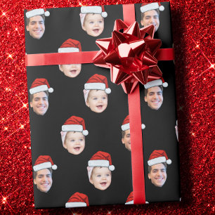 Custom Two Photos Family Santa Hat Face  Wrapping Paper