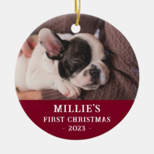 Custom Two Sided Blue First Christmas Puppy Photo Ceramic Tree Decoration